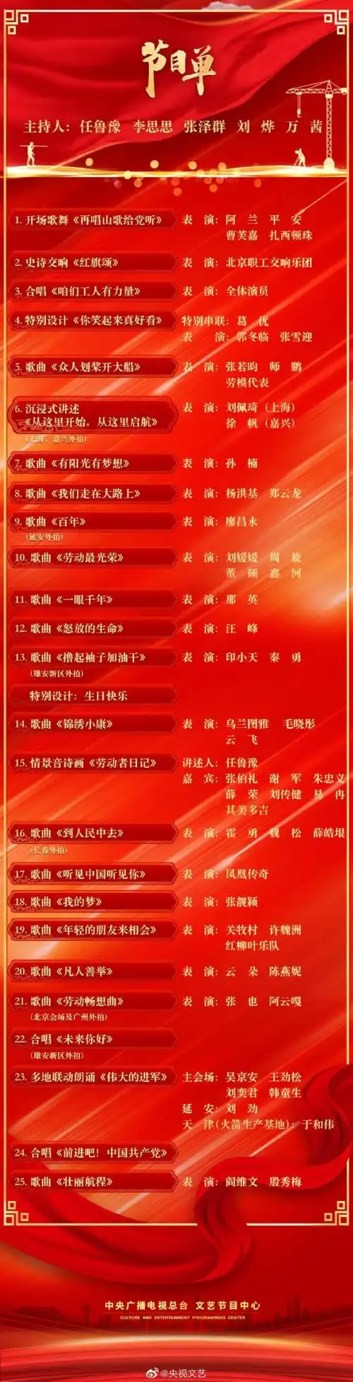 央视五一晚会2021节目单 五一劳动晚会节目单