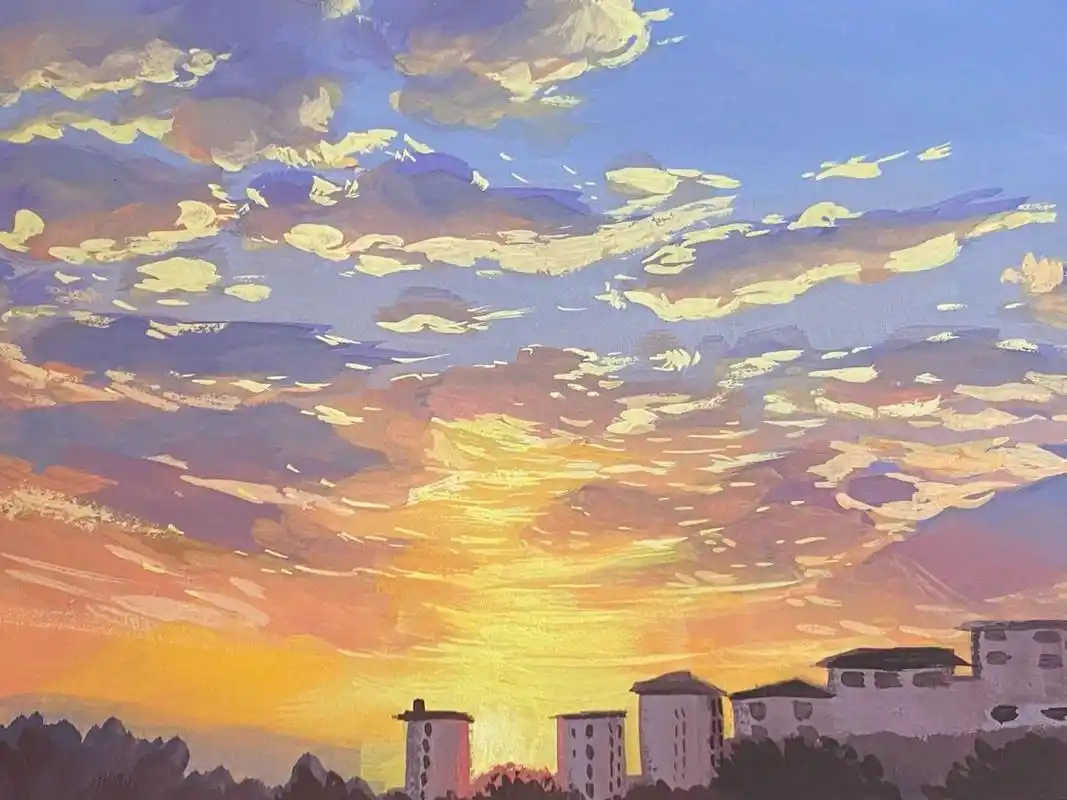 不透明水彩 水粉画 日落收集者 夕阳 这是一副需要远看的画 眯着眼看
