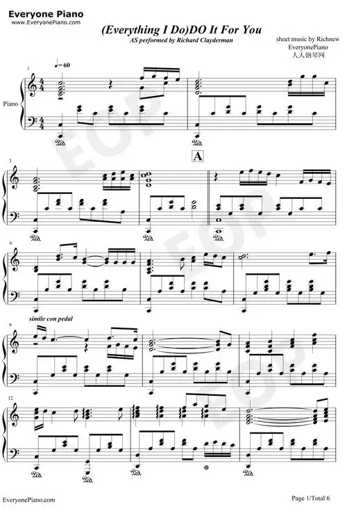 (everything i do)do it for you钢琴谱_布莱恩亚当斯_罗宾汉主题曲