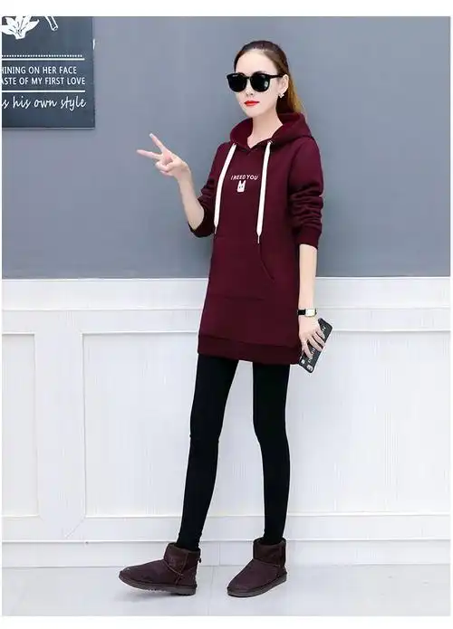 施悦名 秋冬新款韩版女装套头宽松大码学生连帽中长款加绒刺绣卫衣女a