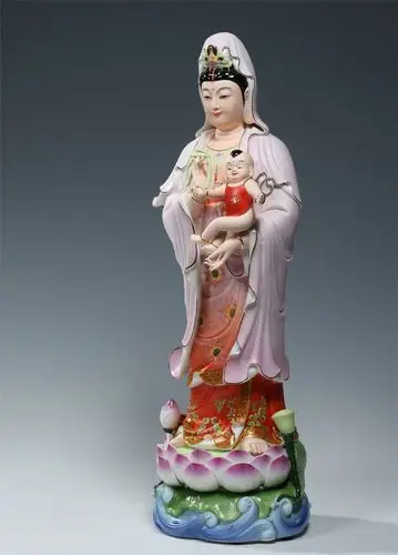 微美彩绘陶瓷21吋立莲送子观音佛像摆件家用供奉求子观世音菩萨