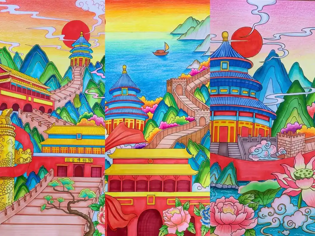 美丽中国主题画系列(附线稿) #画画的日常# #笔记灵感# #画画# #马克