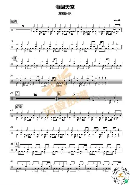 左右乐队海阔天空鼓谱架子鼓谱
