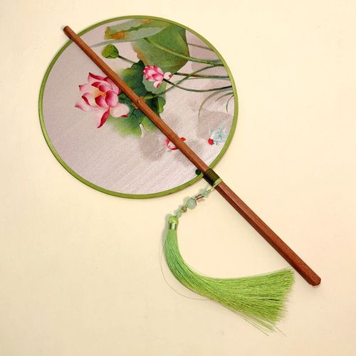 金檀木荷花团扇国风古风古代圆形汉服扇子非遗工艺复古麈尾扇真丝