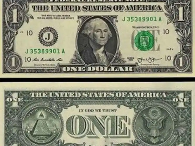 小头像版1美元,正面是美国第一任总统乔治-华盛顿,背面是美国国徽和