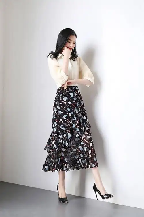 施悦名 印花雪纺半身裙女2019春夏新不规则鱼尾裙夏碎花包臀裙a字裙