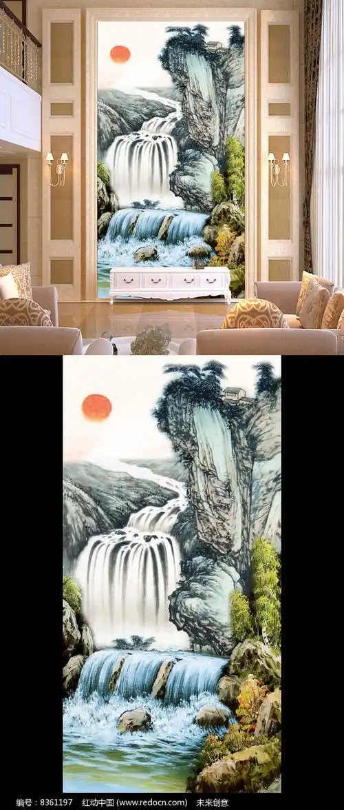 旭日东升国画瀑布图玄关