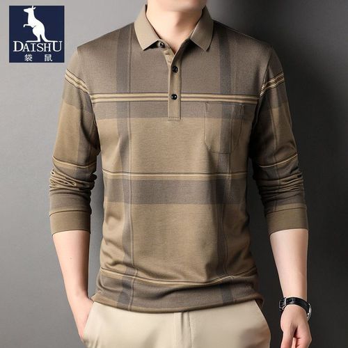 袋鼠男装翻领t恤长袖春秋季条纹polo衫宽松中年男士真口袋体恤