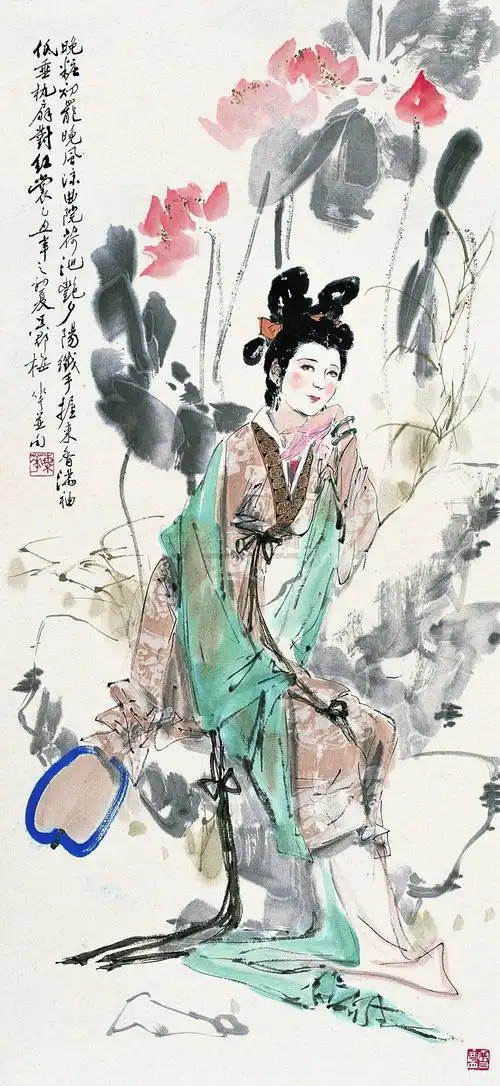 0793 乙丑(1985年)作 荷花仕女图 立轴 设色纸本