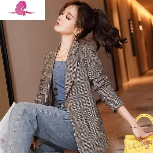格子西装外套女短款春季薄款炸街减龄小个子春装休闲西服上衣春秋套装