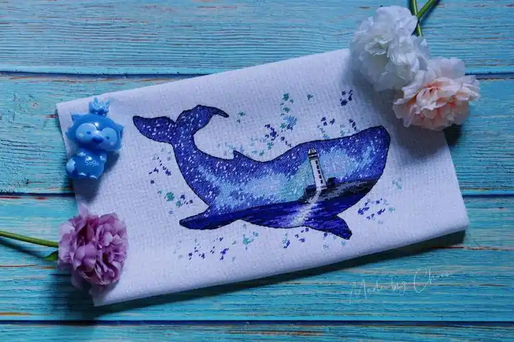 十字绣成品鲸鱼灯塔