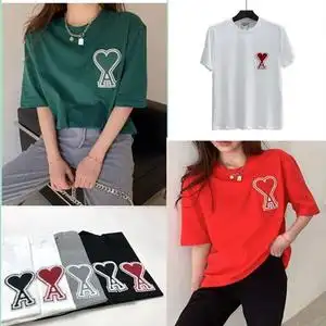 ami大红心爱心a字母刺绣宽松短袖t恤 明星肖战同款桃心男女情侣衫
