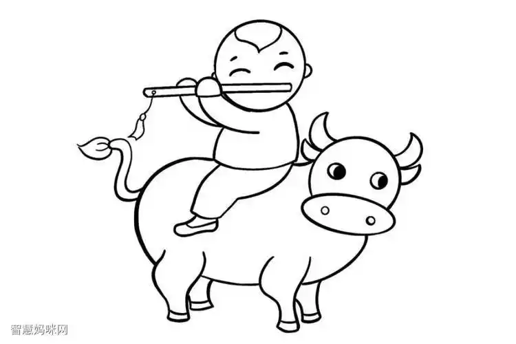 小孩怎么画正在放牛的儿童坐在牛背上的牧童简笔画牧童骑黄牛|清明节