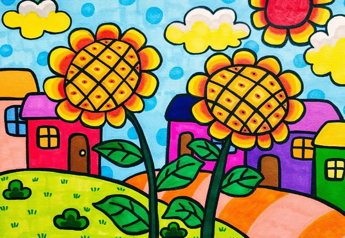 向日葵简笔画,儿童画向日葵,春天主题画.#图文伙伴计划 向 - 抖音