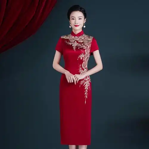 【20元券】酒红色高端旗袍醋酸高档新款新娘妈妈装喜婆婆连衣裙 #婚礼