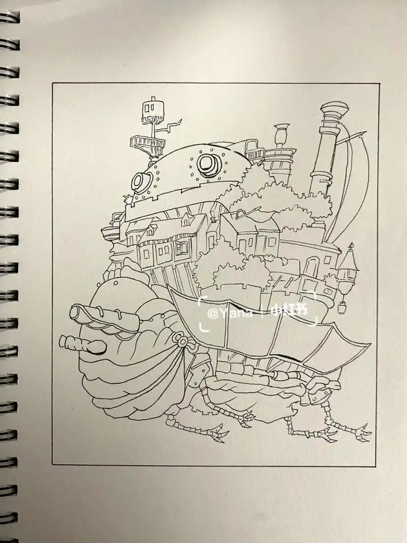 53黑白装饰插画 哈尔的移动城堡 附步骤 本子是16k 画笔用了针管 011