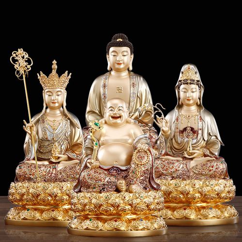 厂家直供掐丝珐琅彩件观音释迦佛地藏王弥勒佛娑婆三圣全堂佛家摆