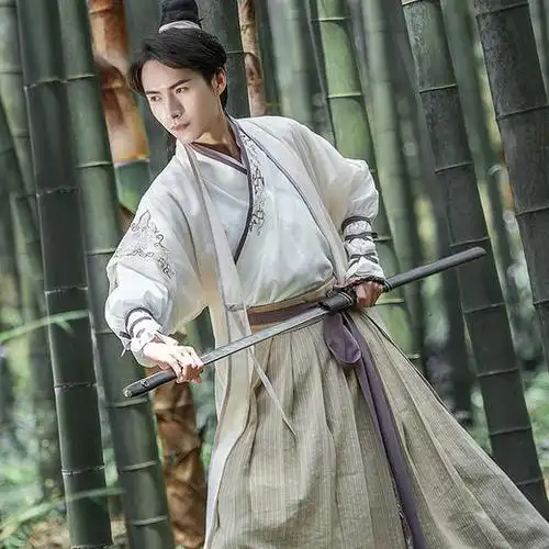 重回汉唐冠玉原创汉服男长半臂背心绣花交领大襟衫片式褶裙中国风