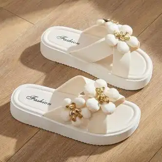 京蝌蝌珍珠凉拖鞋女年夏季外穿仙女风厚底女士沙滩拖鞋潮白色3637码