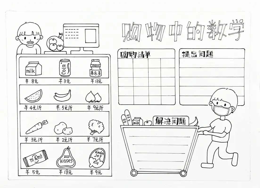 一年级暑假作业,数学与生活手抄报—购物我 逛超市,学数学 扫描了线稿