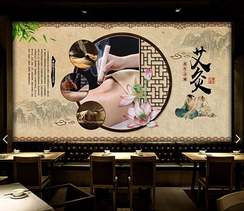 中国风怀旧复古艾灸养生背景墙中医养生馆理疗工装背景墙装饰壁画