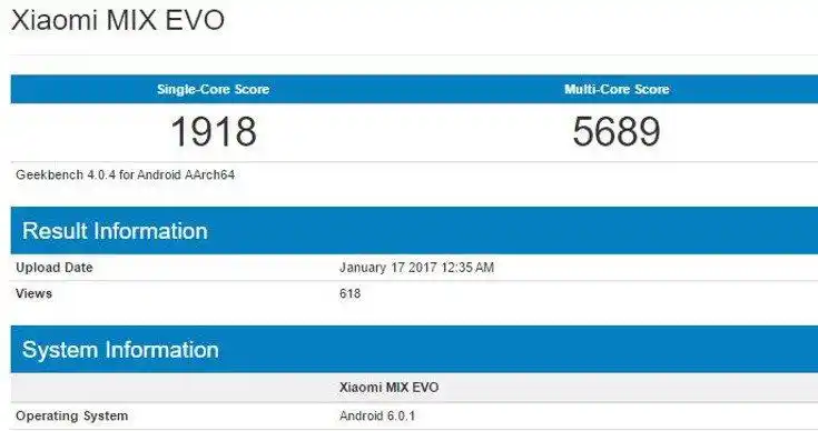 evo的新机现身国外跑分网站geekbench,参数显示evo将配备高通骁龙835
