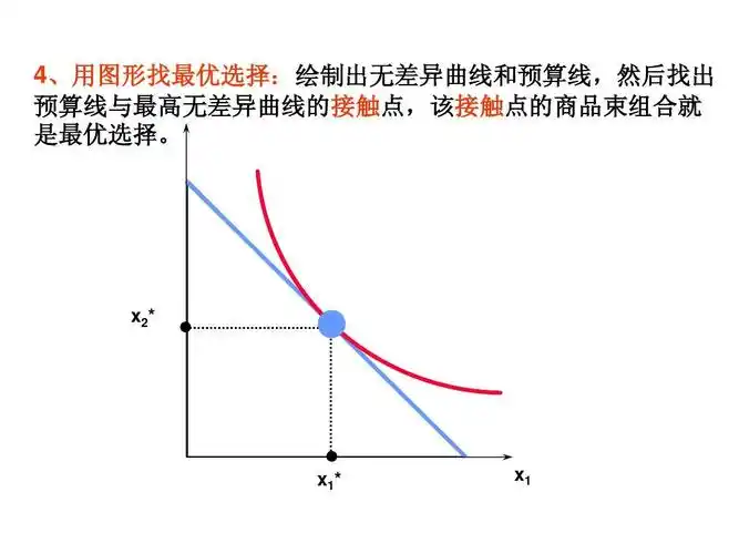 4,用图形找最优选择:绘制出无差异曲线和预算线,然后找出 预算线与最