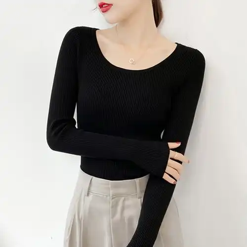 黑色针织打底衫女秋冬内搭圆领紧身长袖低领毛针织衫
