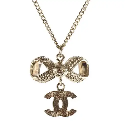 chanel(香奈儿) 浅金色双c镶水钻蝴蝶结吊坠项链