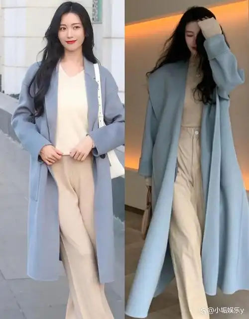 大衣别总穿黑白灰了,"雾霾蓝大衣"温柔又显白,带来冬日朦胧美