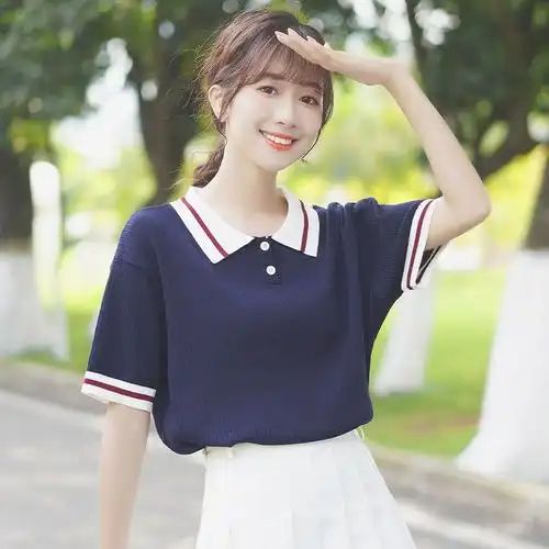 短袖t恤女夏季上衣2022夏新款条纹polo领冰丝针织衫短袖韩版女学院风