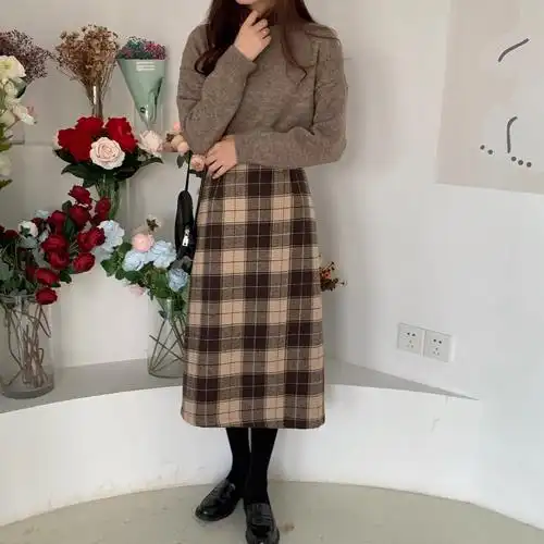格子毛呢半身裙女2020年新款秋冬季高腰显瘦中长开叉包臀一步裙子