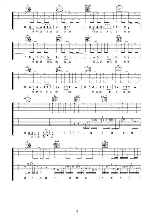 焚情吉他谱2-黄凯芹-g调指法