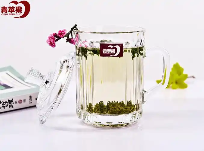 德力青苹果玻璃杯耐热透明泡茶杯带把手男女式办公杯子带盖子水