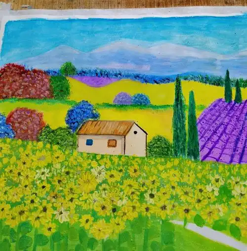 乡村田园风光水粉风景画