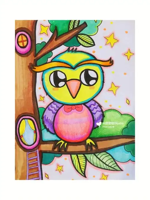 儿童画 #创意美术  #少儿创意美术  #创意美术儿童画  #猫头鹰儿童