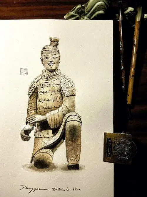 秦/【跪射俑】/秦始皇帝陵博物院藏速写本画水彩文物30/60