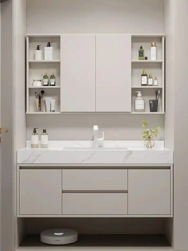 轻奢简约浴室柜,风水智能镜柜组合岩板台面#卫生间洗脸盆组合柜 - 抖