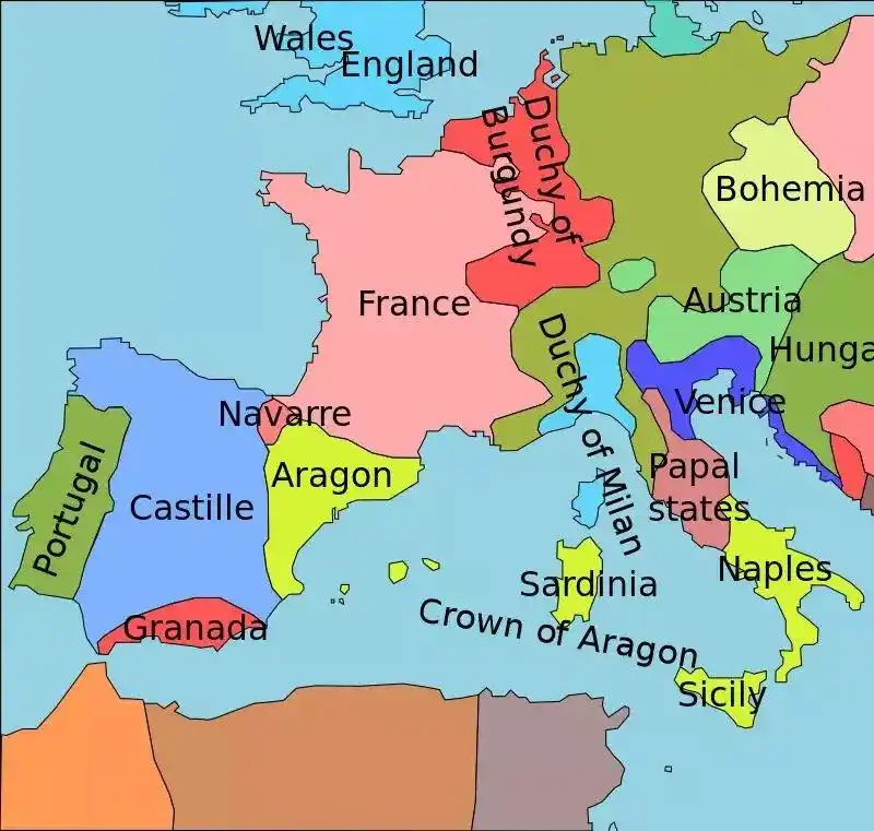 15世纪的伊比利亚半岛 由5个王国分别统治