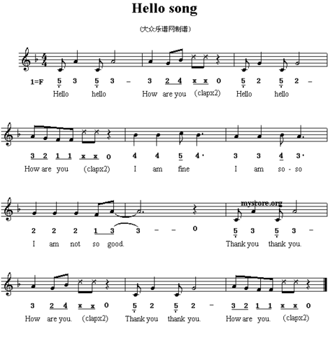 英文儿歌 hello song 歌谱 简谱