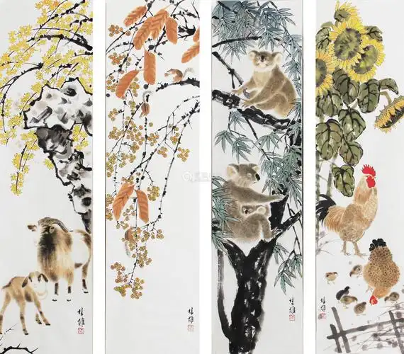 方楚雄 花鸟四屏 纸本镜心