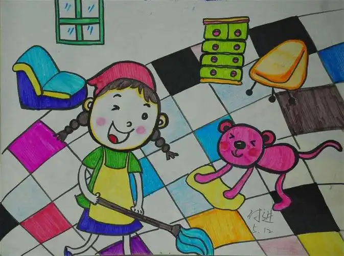 劳动节儿童画-我帮妈妈打扫卫生