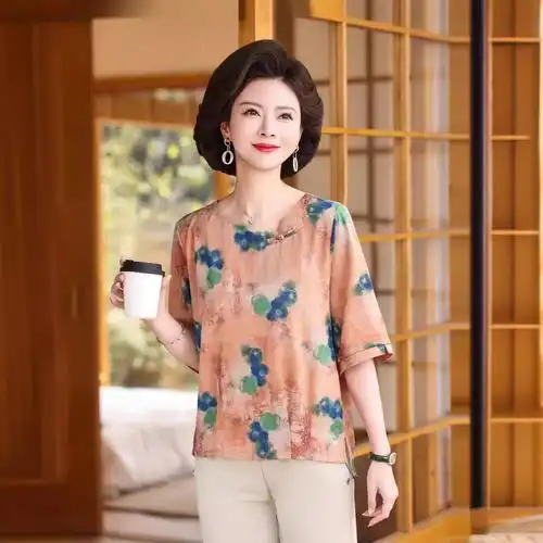 妈妈装春夏气质小衫洋气套头女士t恤上衣女40岁50中老年女装短袖