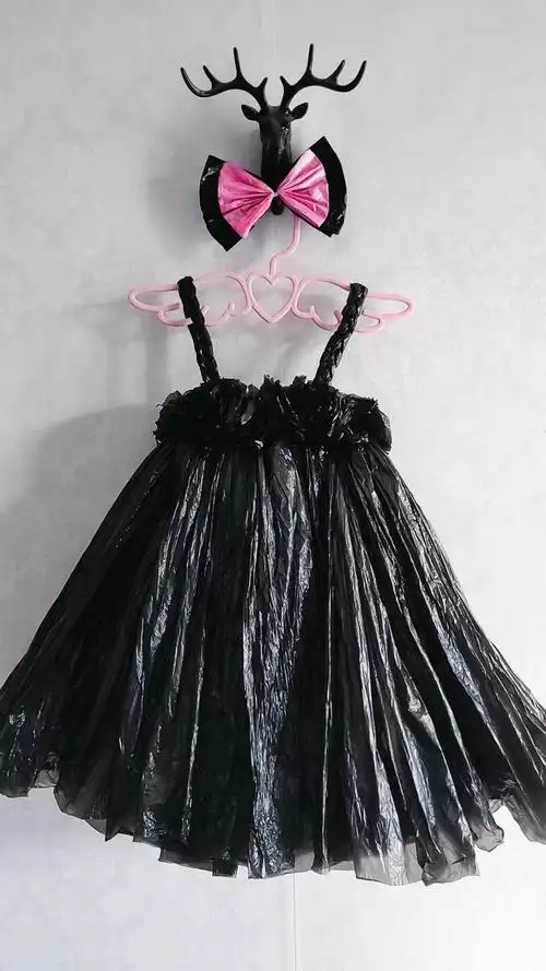 环保时装秀女孩女童塑料袋环保走秀演出服装亲子手工环保作业儿童蓬蓬