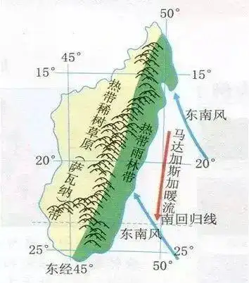 a 马达加斯加岛地形以山地为主 山脉大致呈南北走向 来自印度洋的