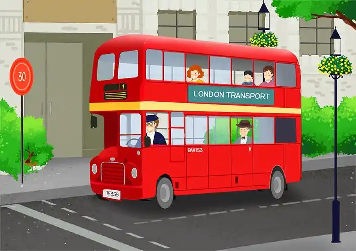 在英国的道路上,人们在双层巴士上的插图插画下载