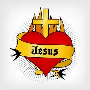 心与剑和耶稣写在标签上的纹身.矢量插画-桌面照片