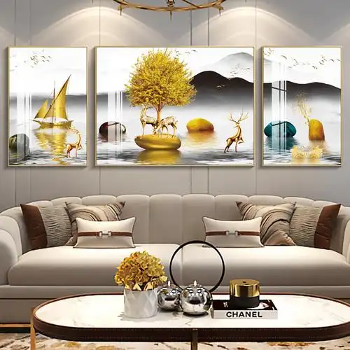 时来运转招财客厅装饰画现代简约沙发背景墙挂画餐厅轻奢三联壁画