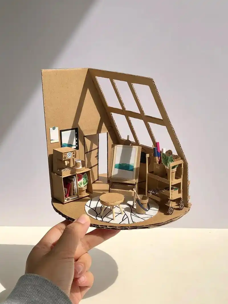 废纸箱手工diy制作小房子|温暖阳光房7715 圆形小屋系列继续更新