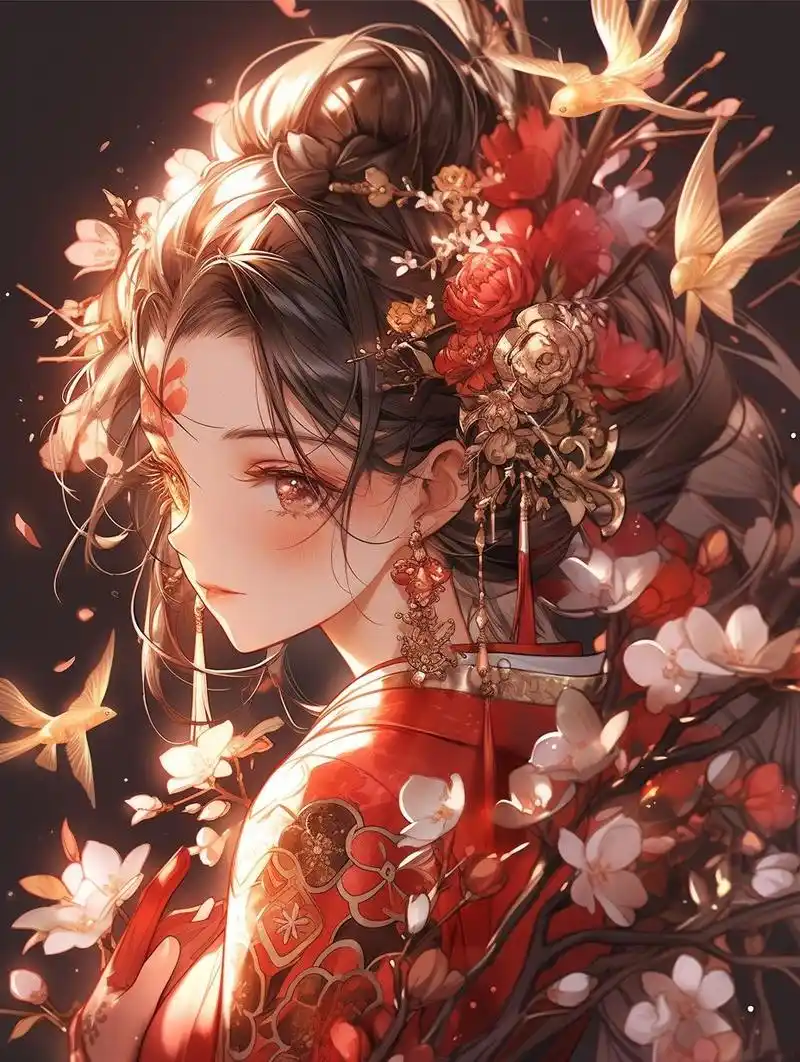 ai华丽封面古风头饰参考 关键词:女孩的头发里有花,以动漫艺术的风格